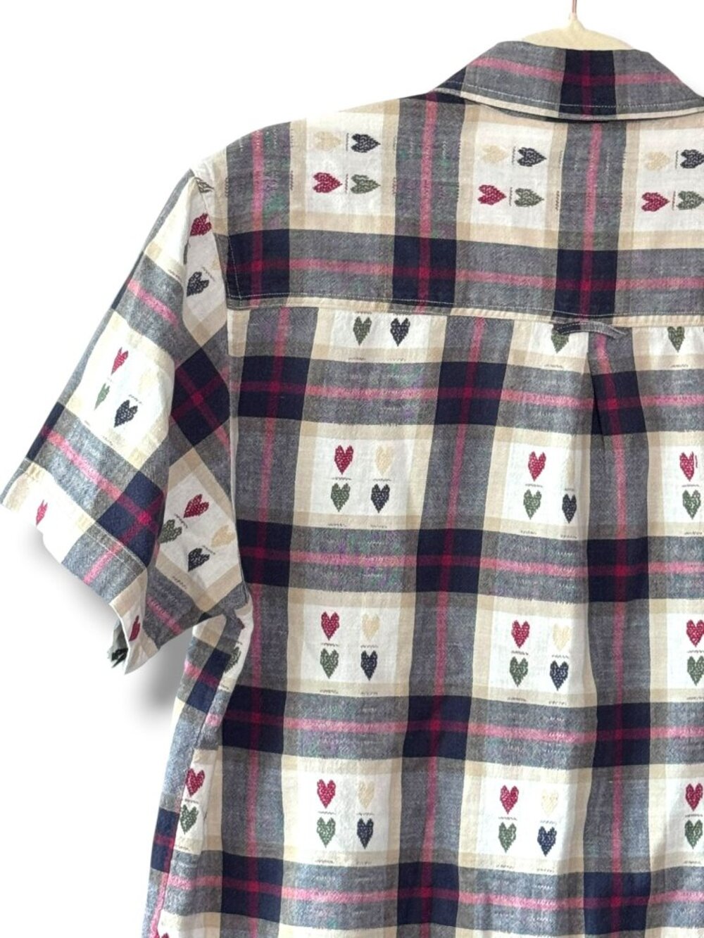 Vintage 80s Plaid Woven Hearts Cotton Short Sleeve Shirt Button Front - M - Picture 10 of 14